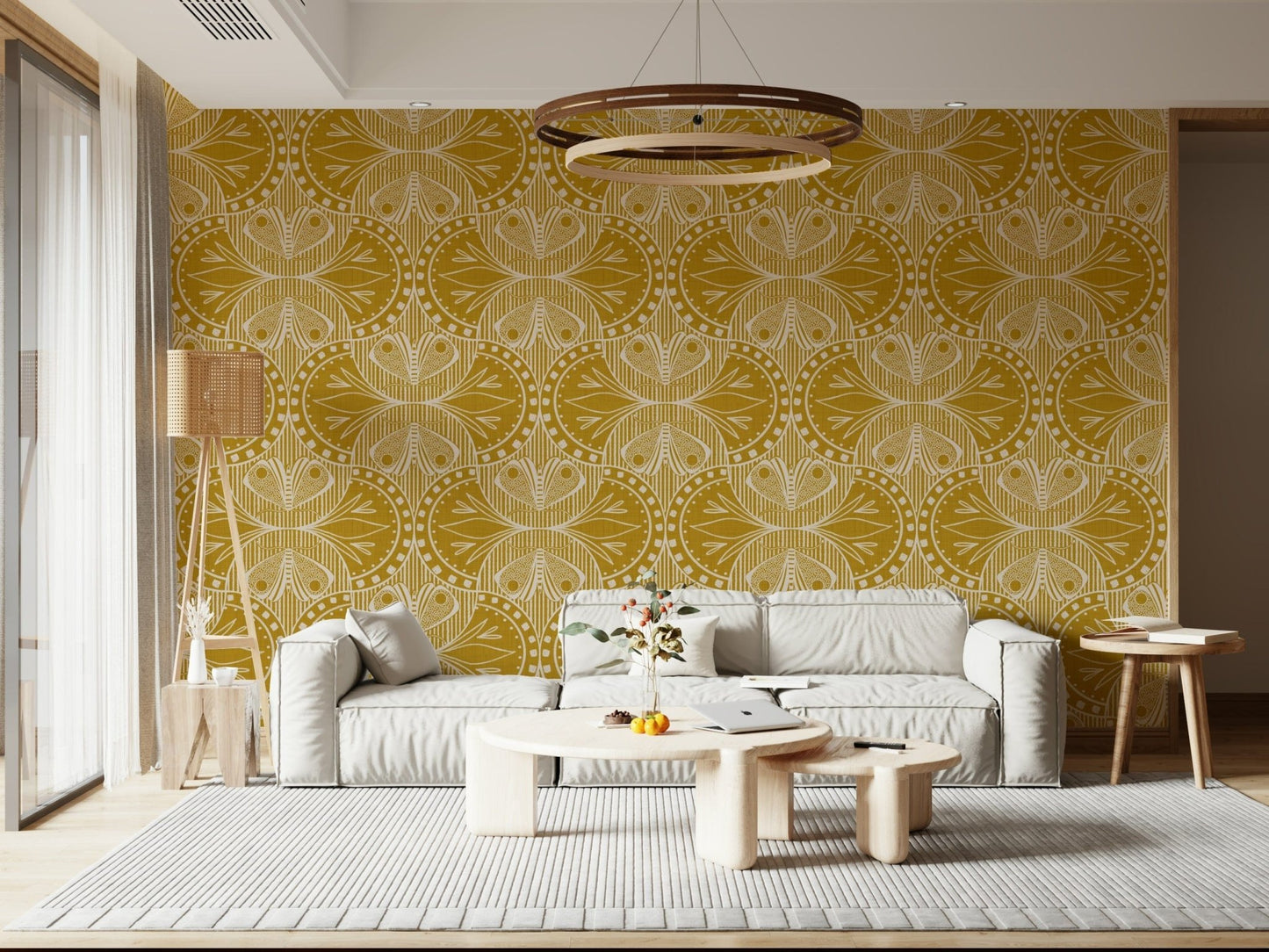 Art nouveau butterfly floral wallpaper with painterly mustard gold background