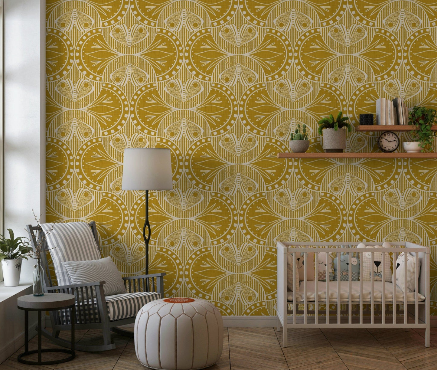 Vintage art nouveau wallpaper with butterfly motifs over a mustard gold base