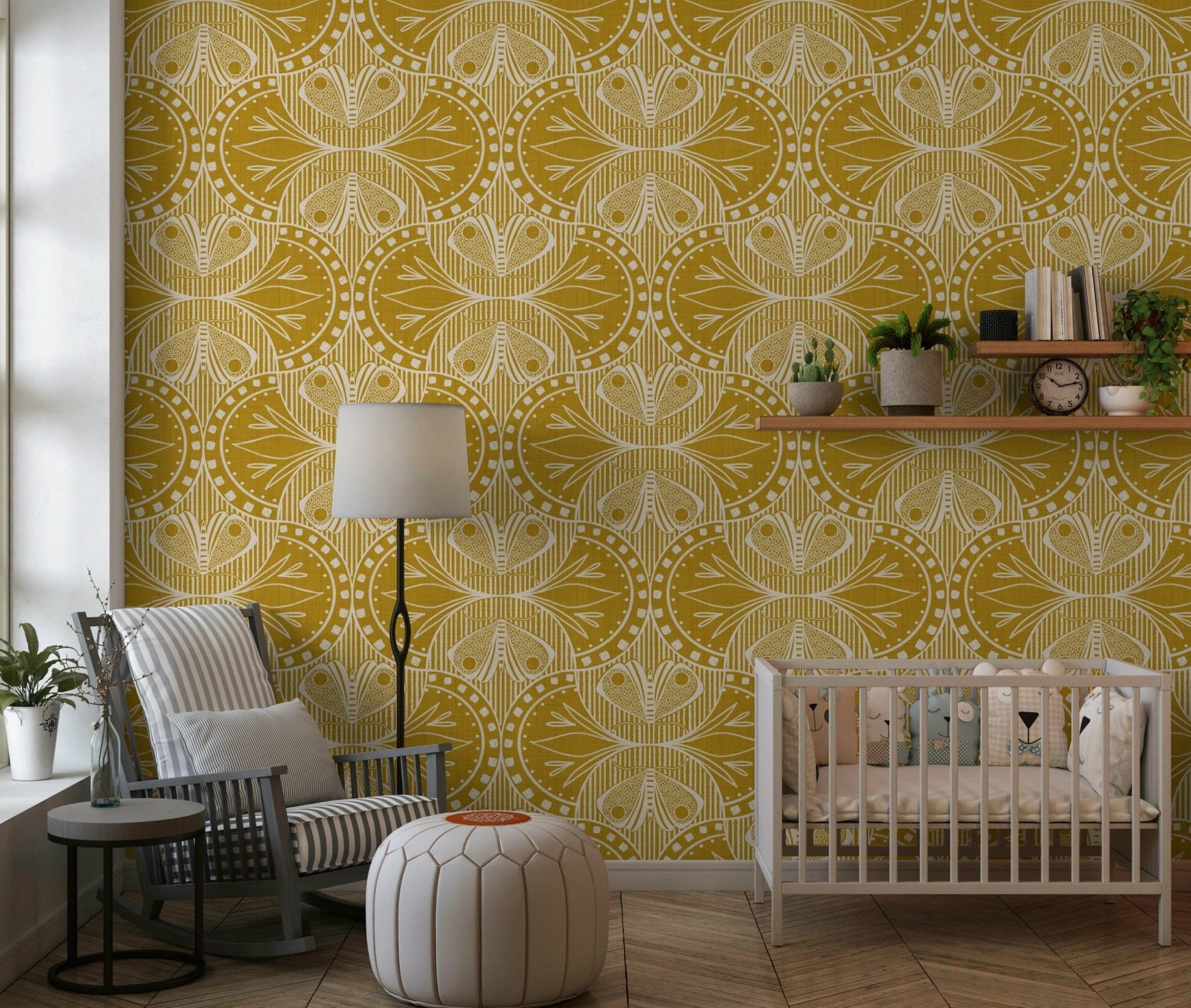 Vintage art nouveau wallpaper with butterfly motifs over a mustard gold base