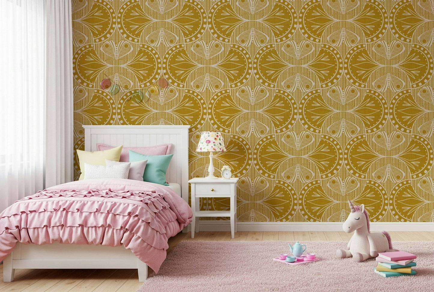 Art nouveau styled wallpaper showing mustard butterflies over blossoms and stems
