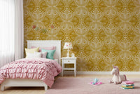 Art nouveau styled wallpaper showing mustard butterflies over blossoms and stems