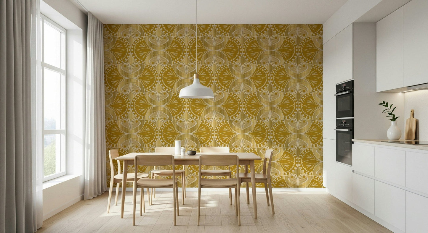 Opulent art nouveau wallpaper featuring mustard florals, blossoms, and butterflies