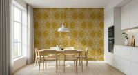 Opulent art nouveau wallpaper featuring mustard florals, blossoms, and butterflies
