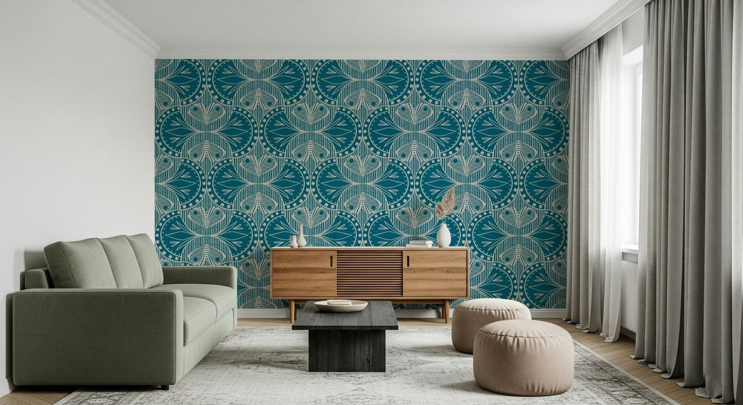 Art Nouveau Butterfly Floral Teal Blue Wallpaper⁠