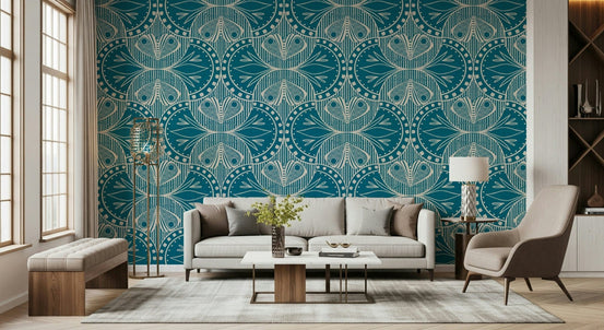 Art nouveau butterfly floral wallpaper with painterly teal blue background, GD7007