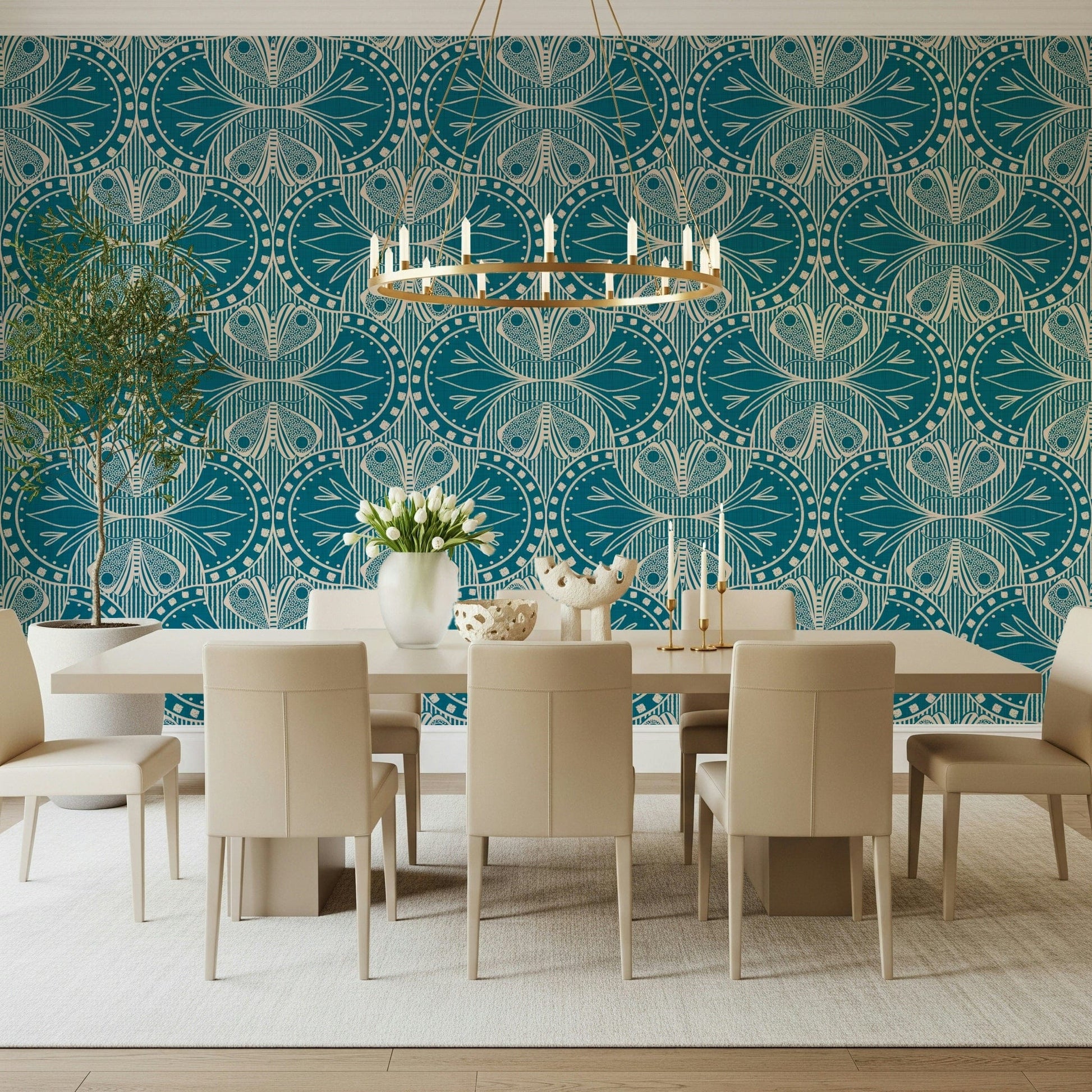 Art Nouveau Butterfly Floral Teal Blue Wallpaper⁠