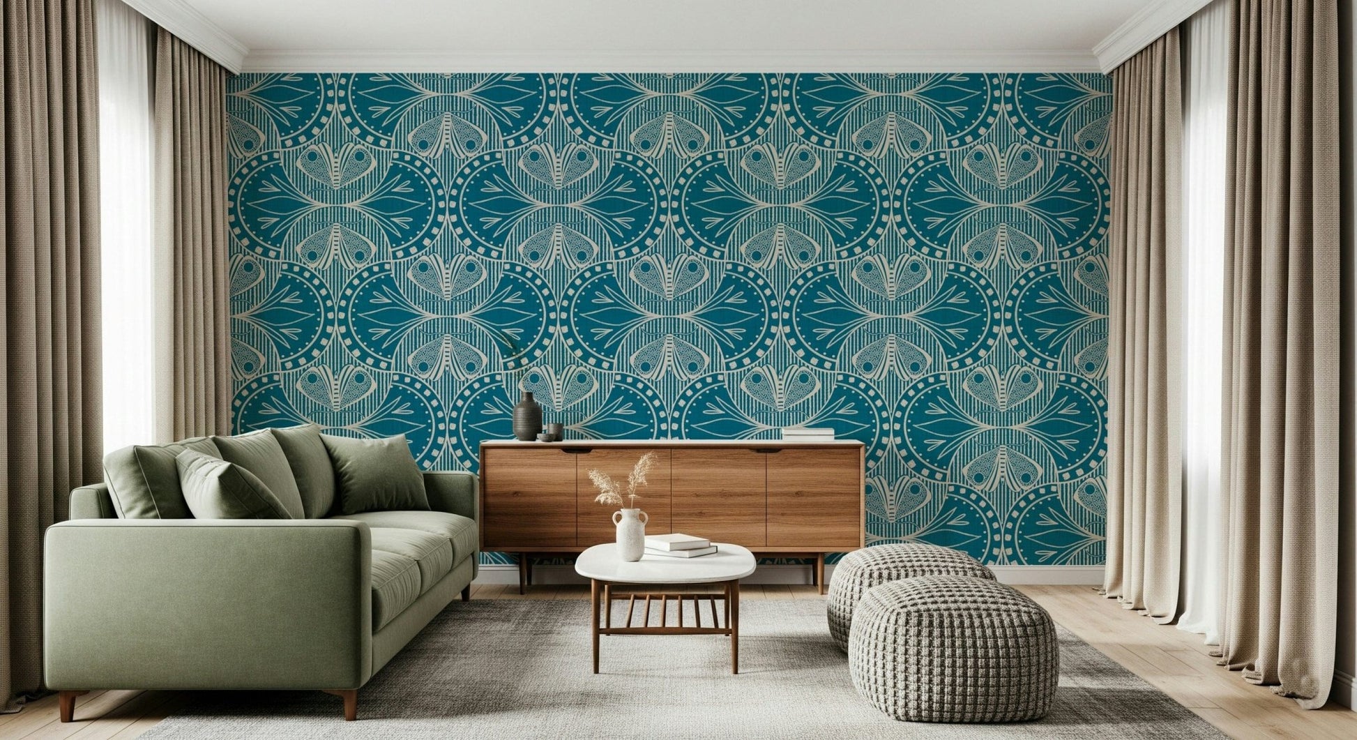Art Nouveau Butterfly Floral Teal Blue Wallpaper⁠