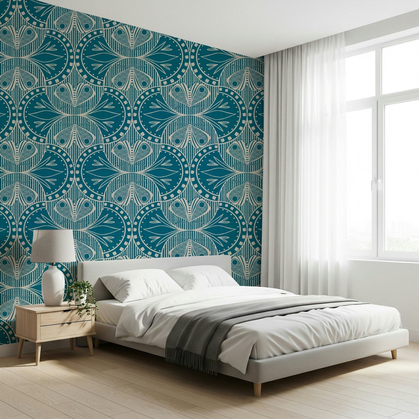 Art Nouveau Butterfly Floral Teal Blue Wallpaper⁠