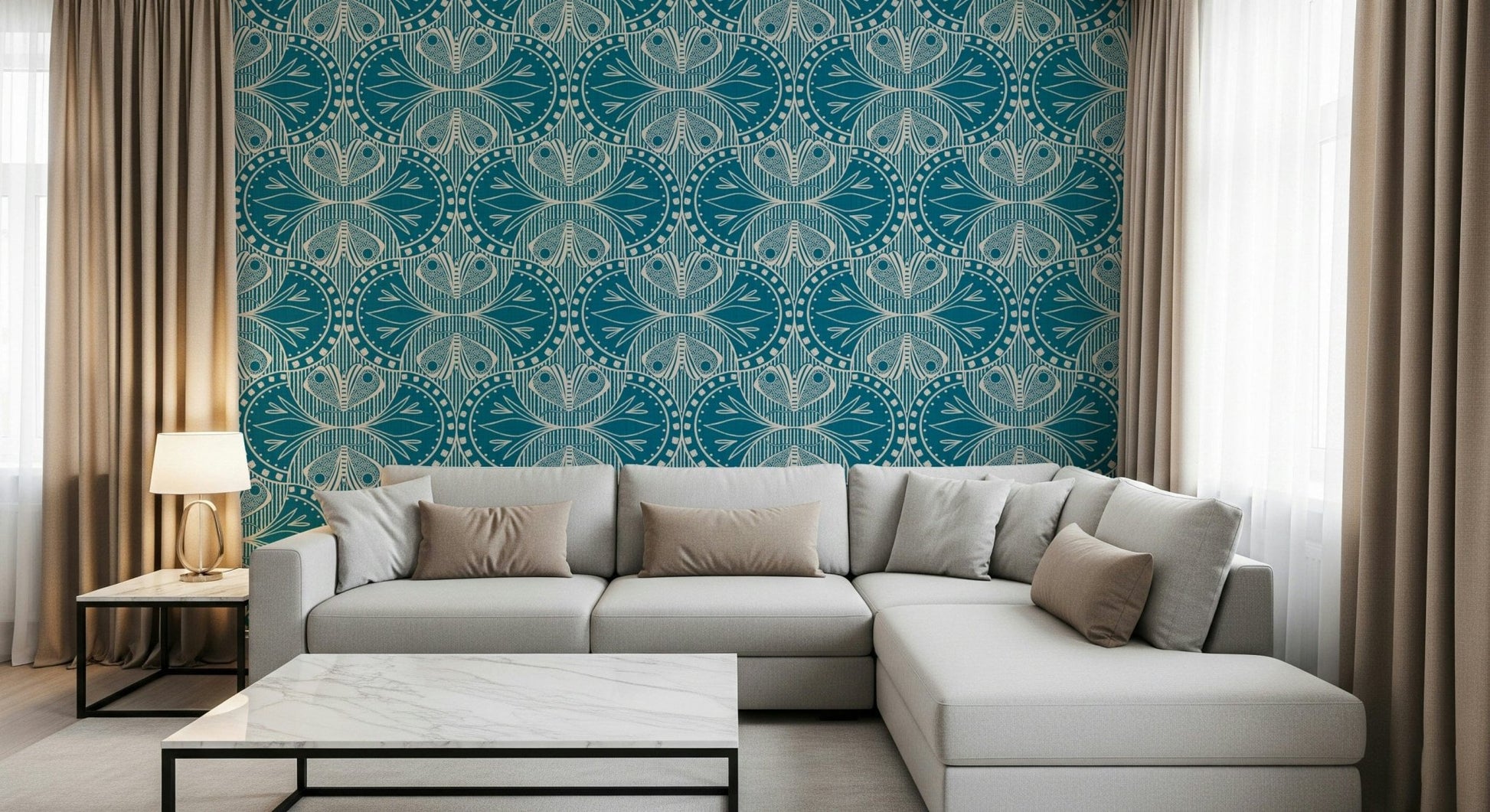 Art Nouveau Butterfly Floral Teal Blue Wallpaper⁠