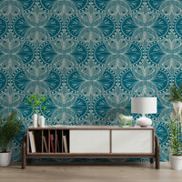 Art Nouveau Butterfly Floral Teal Blue Wallpaper⁠