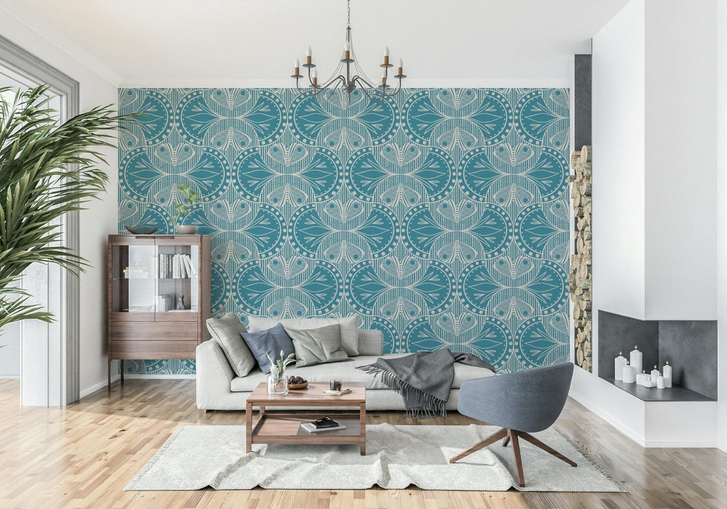 Art Nouveau Butterfly Floral Teal Blue Wallpaper⁠