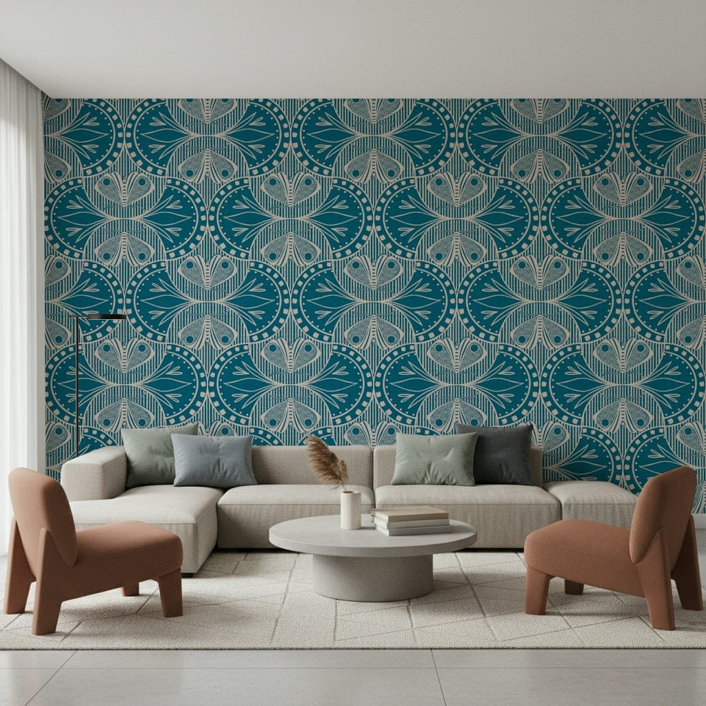 Art Nouveau Butterfly Floral Teal Blue Wallpaper⁠