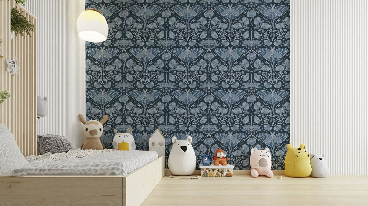 Elegant blue wallpaper with Luna moth and florals, GD951