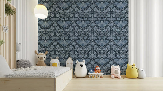 Elegant blue wallpaper with Luna moth and florals

