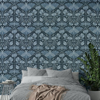 Graceful moth and floral wallpaper in blue palette

