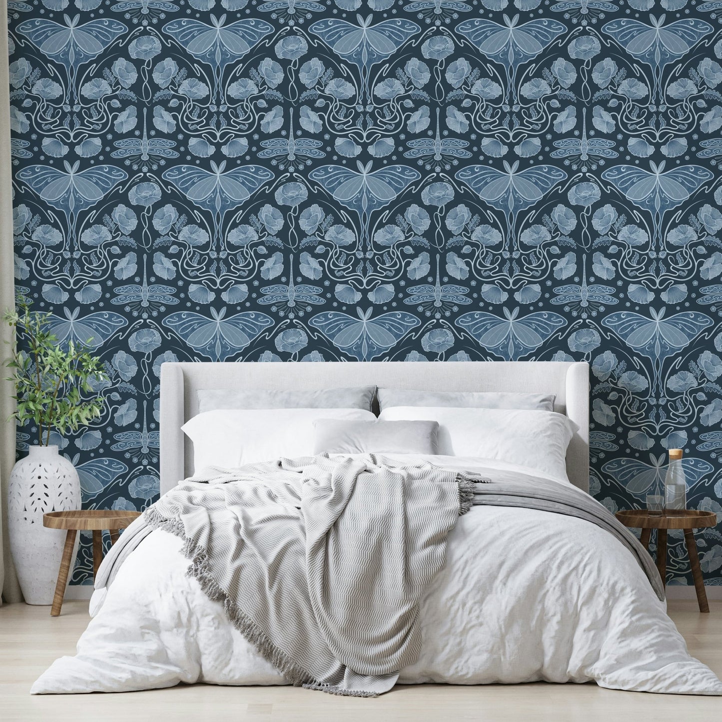 Art Nouveau Blue Wallpaper with poppies and moths

