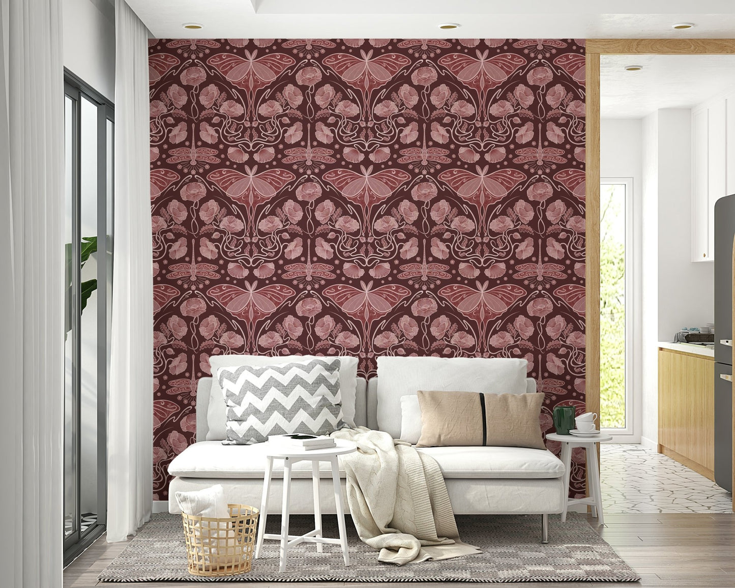Crimson wallpaper featuring Luna moth and vines

