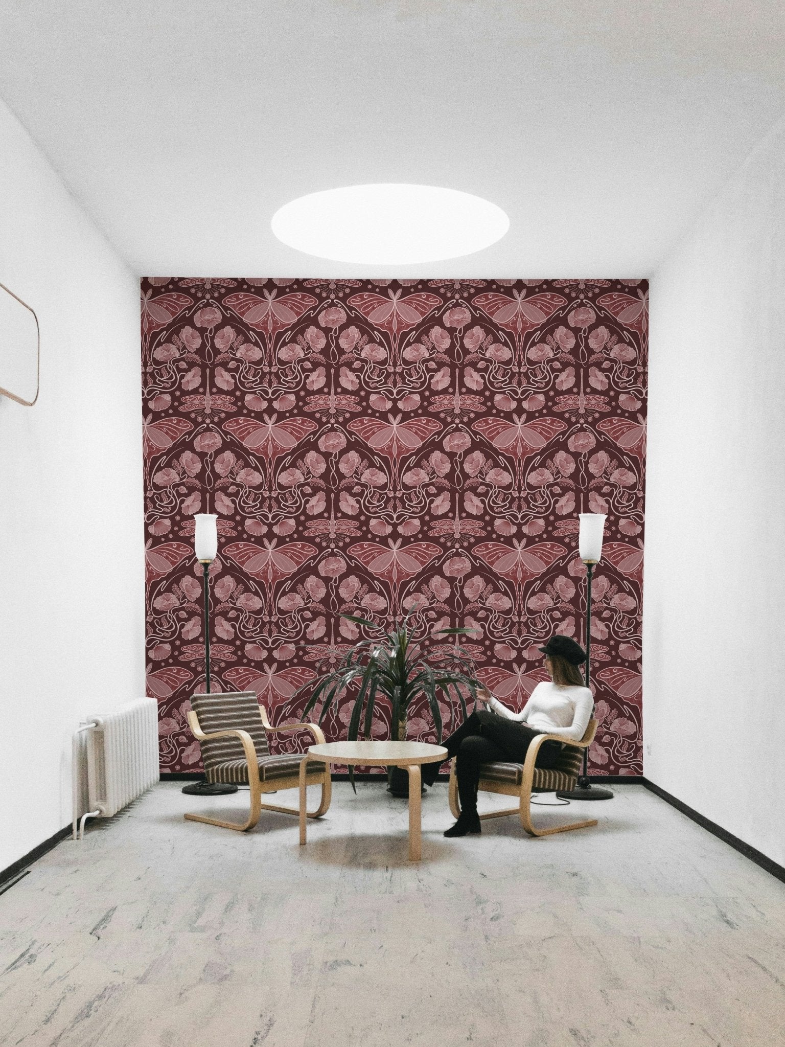 Romantic Art Nouveau wallpaper in rich red hues


