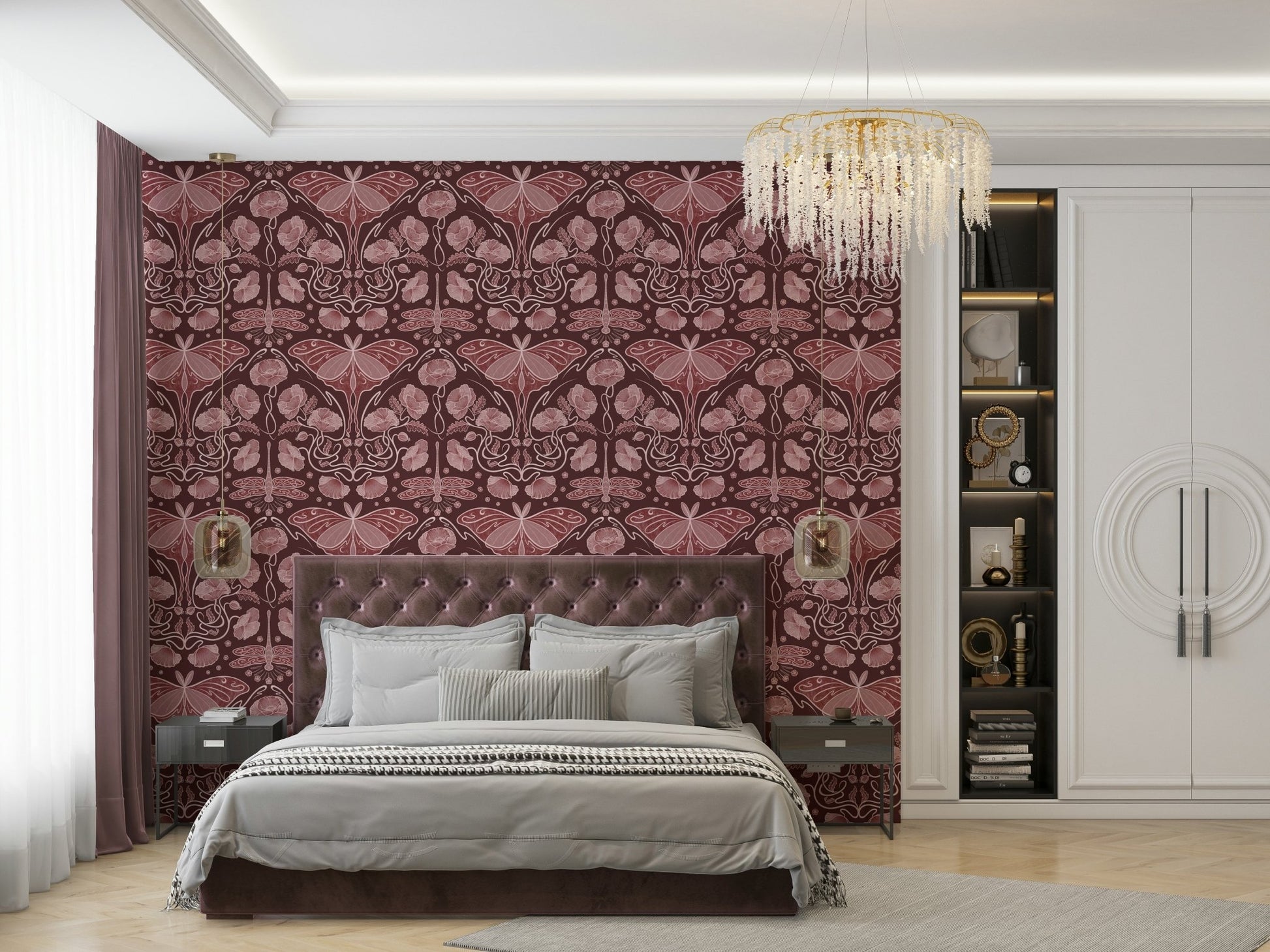 Art Nouveau floral wallpaper in bold crimson tones


