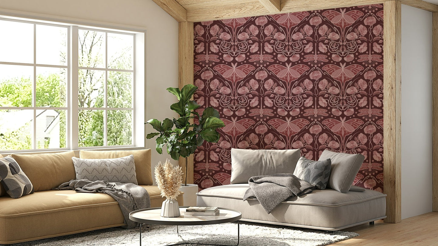 Crimson wallpaper with Art Nouveau poppies & moths

