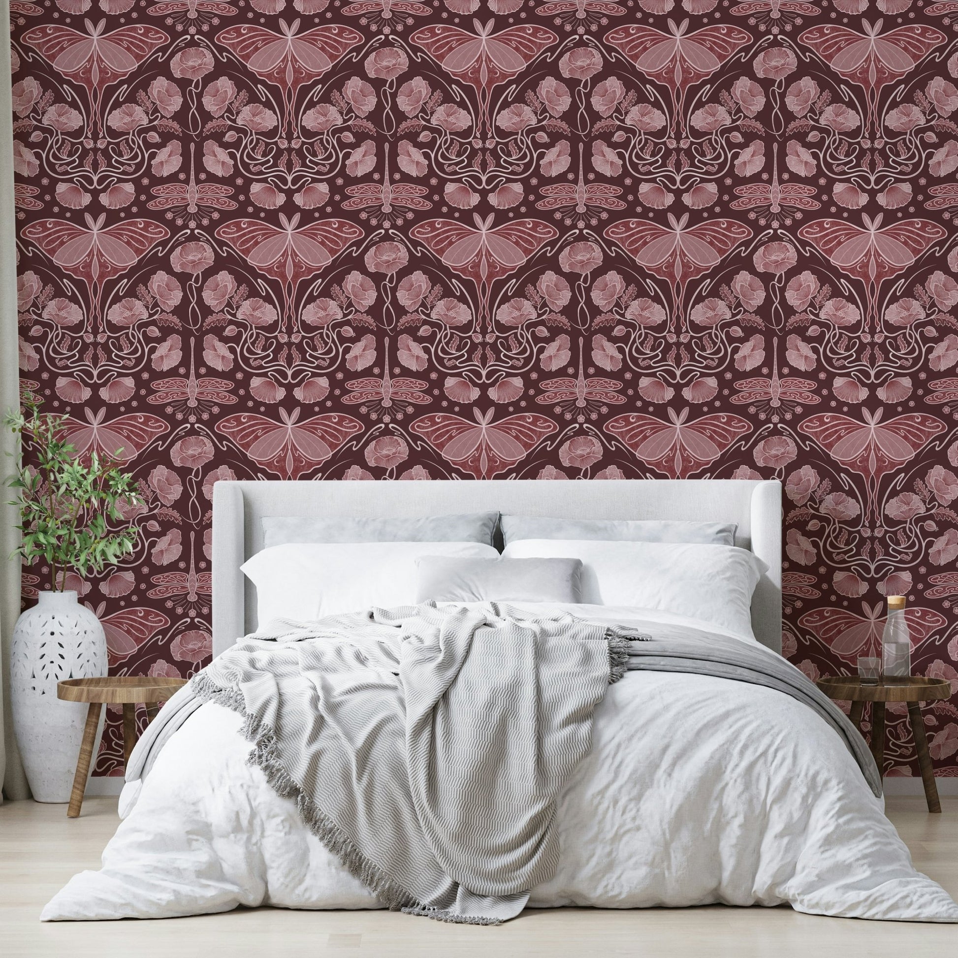 Statement wall wallpaper with red poppies and moth


