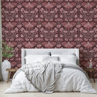 Statement wall wallpaper with red poppies and moth

