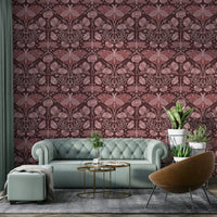 Ornate crimson wallpaper with nature-inspired art

