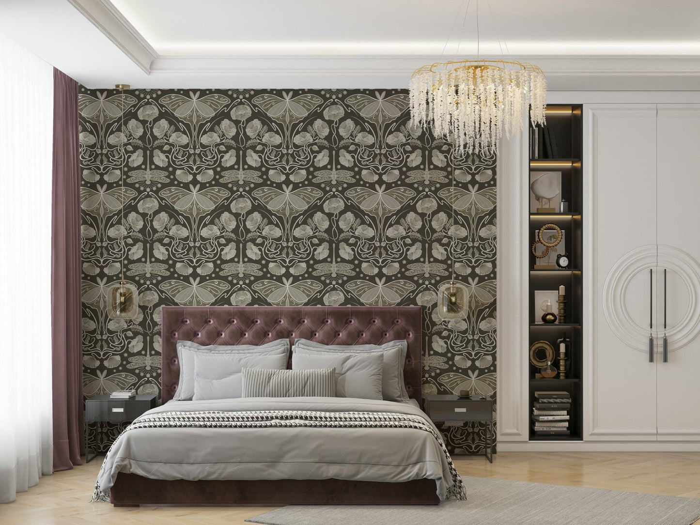 Decorative wallpaper with poppies & vintage moths

