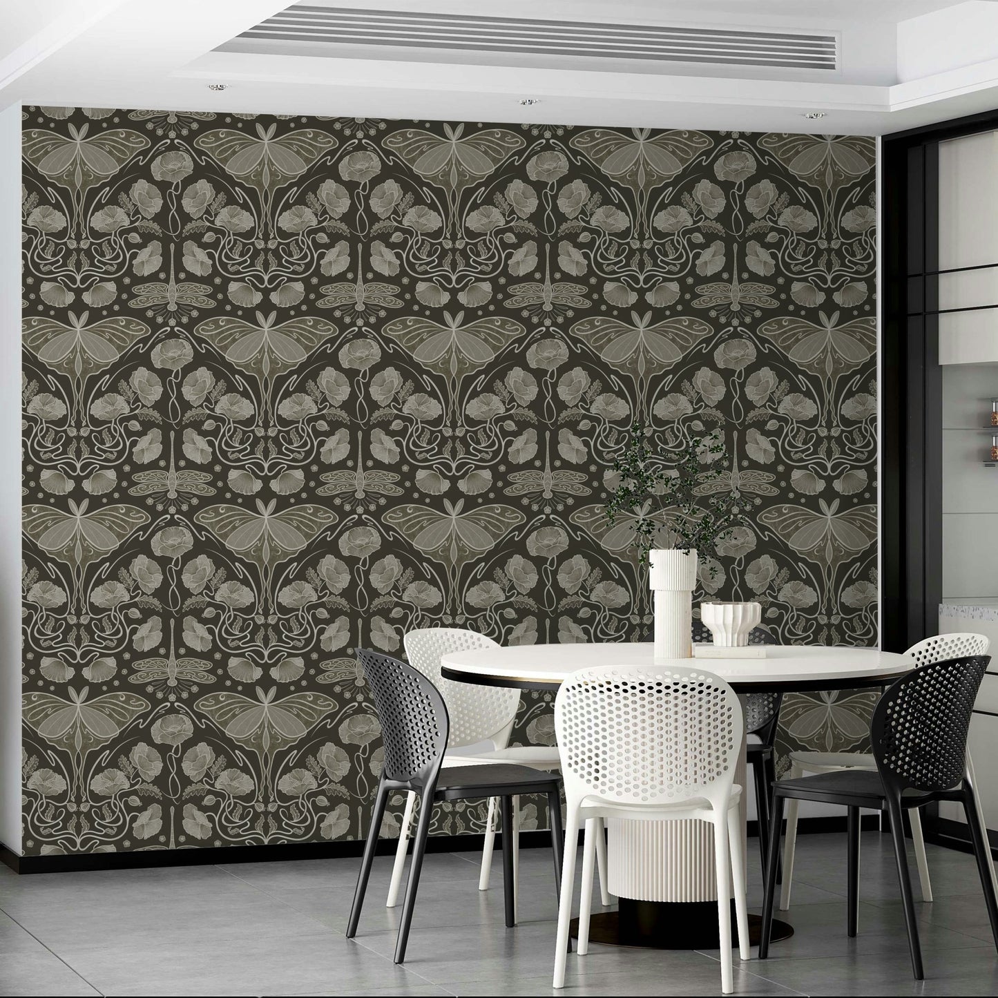 Sepia wallpaper featuring Luna moth and florals

