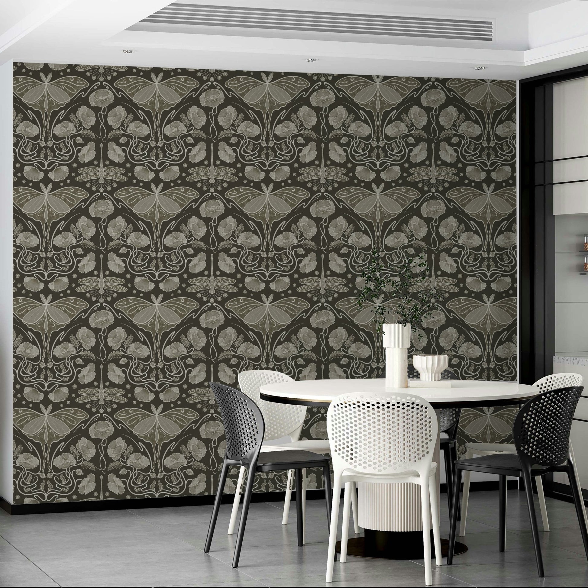 Sepia wallpaper featuring Luna moth and florals

