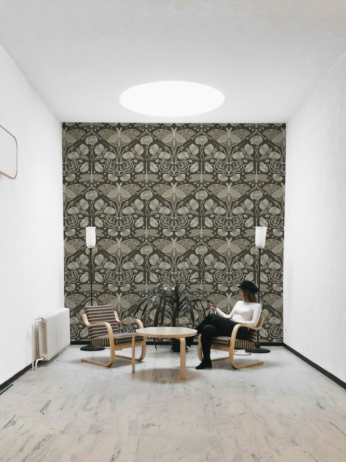 Luna moth and poppy wallpaper in vintage sepia

