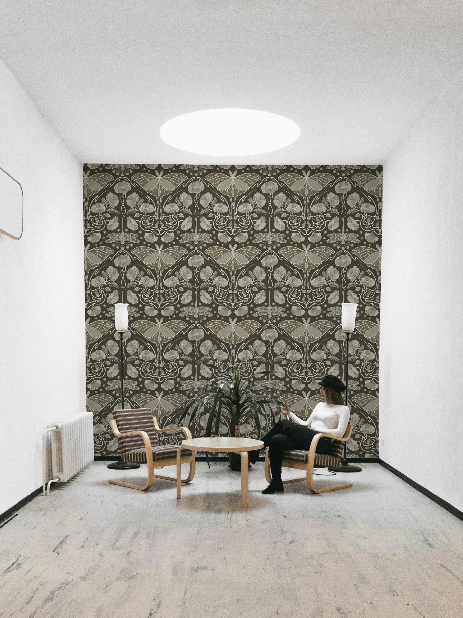 Luna moth and poppy wallpaper in vintage sepia

