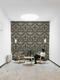 Luna moth and poppy wallpaper in vintage sepia

