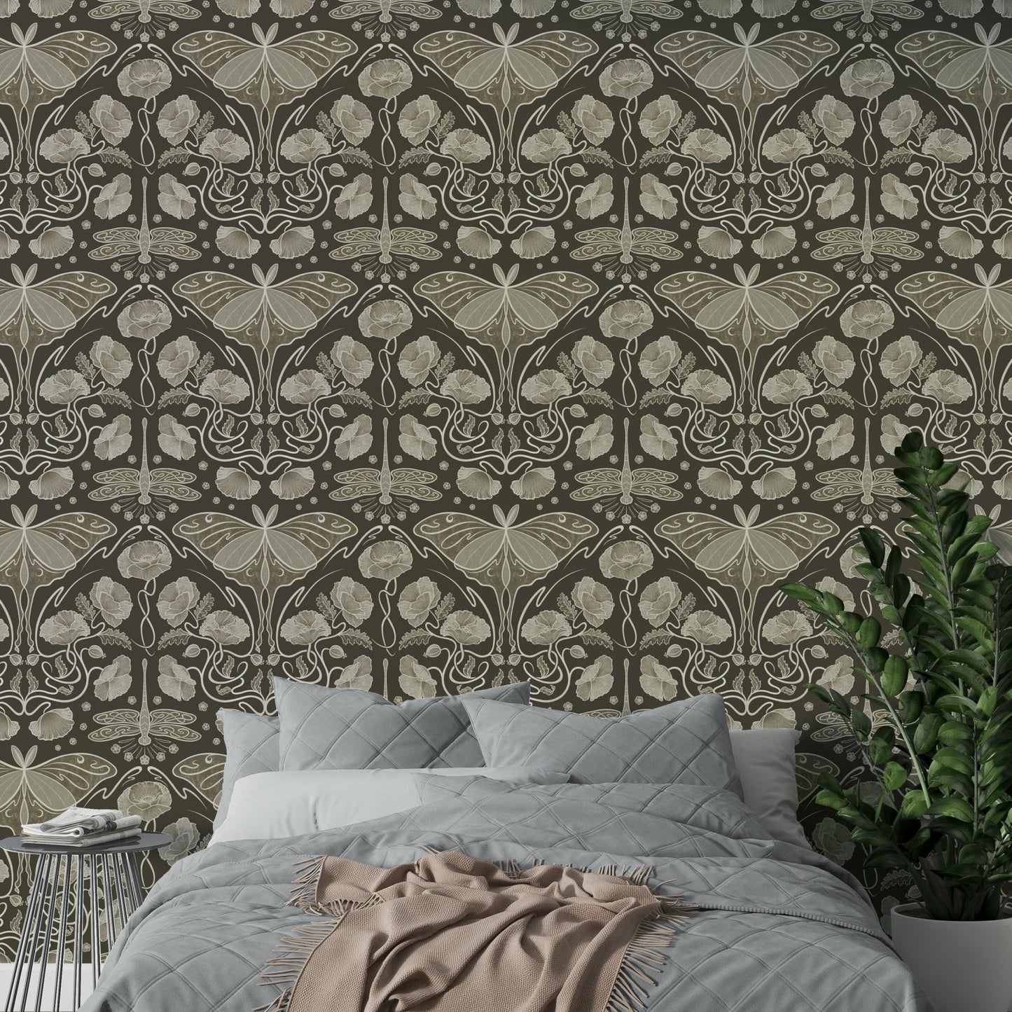 Vintage-style poppies and moth wallpaper in sepia

