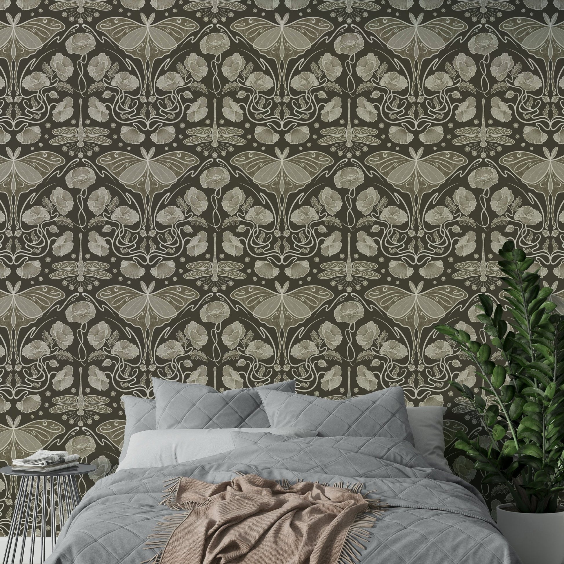 Vintage-style poppies and moth wallpaper in sepia

