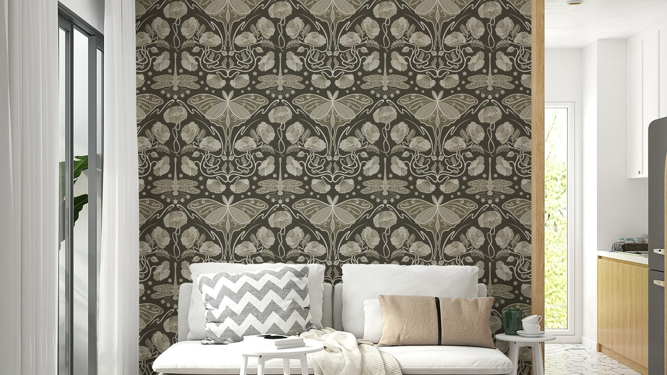 Sepia-toned Art Nouveau wallpaper with poppies

