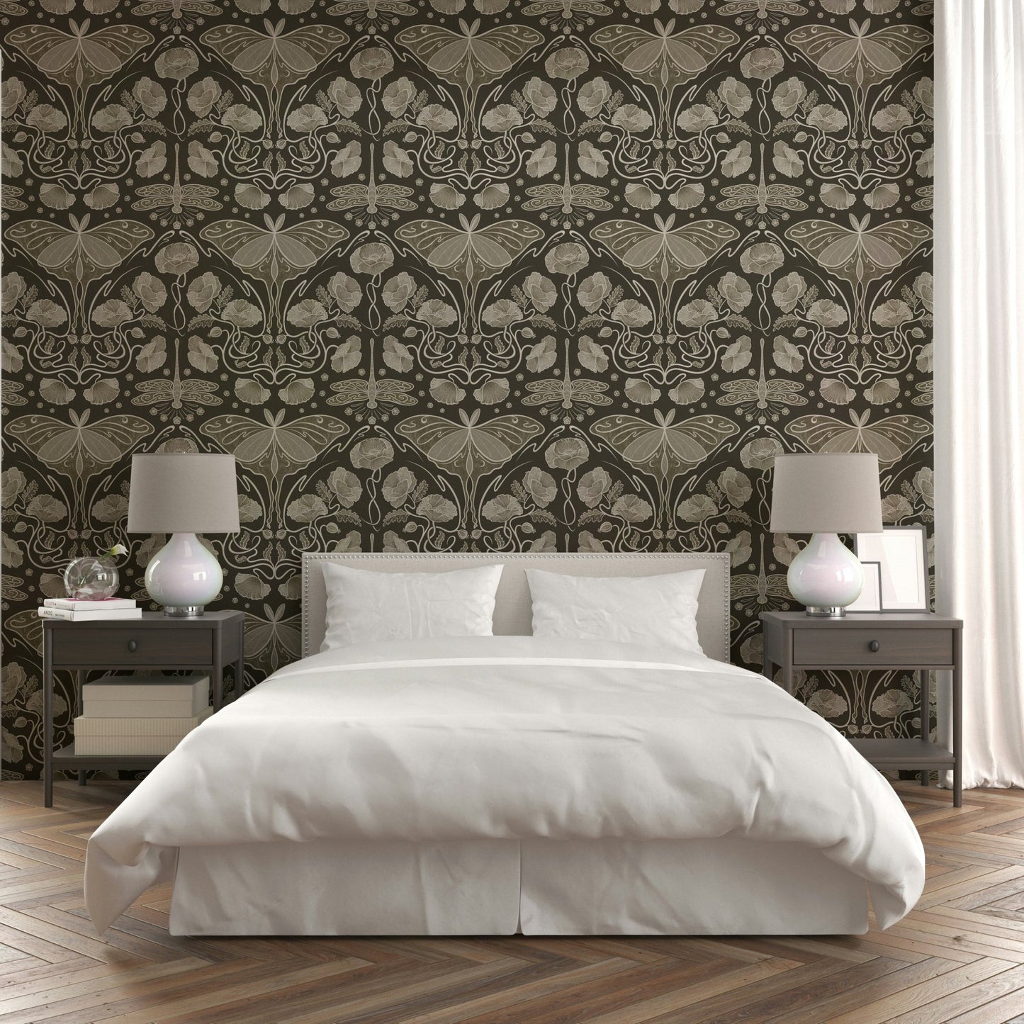 Earthy wallpaper with flowing vines and poppies


