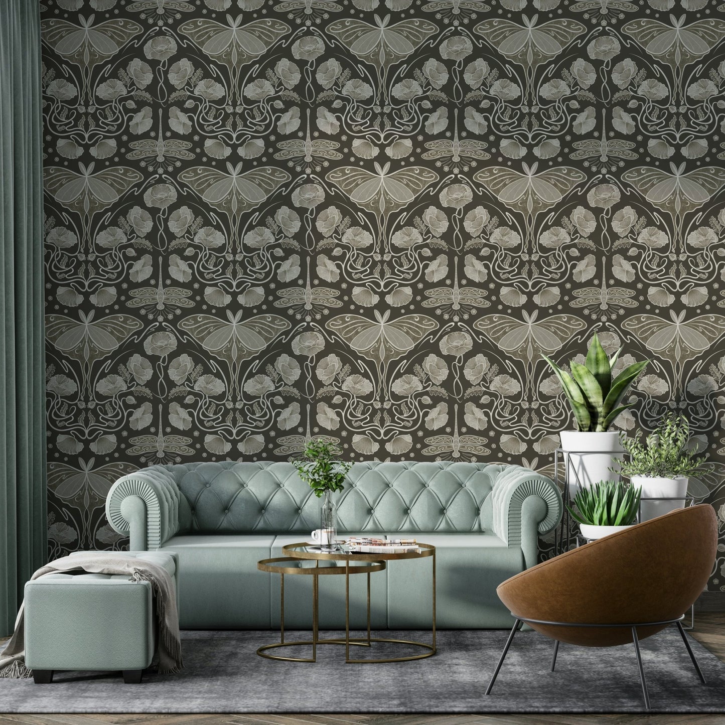 Elegant sepia wallpaper with floral Art Nouveau art

