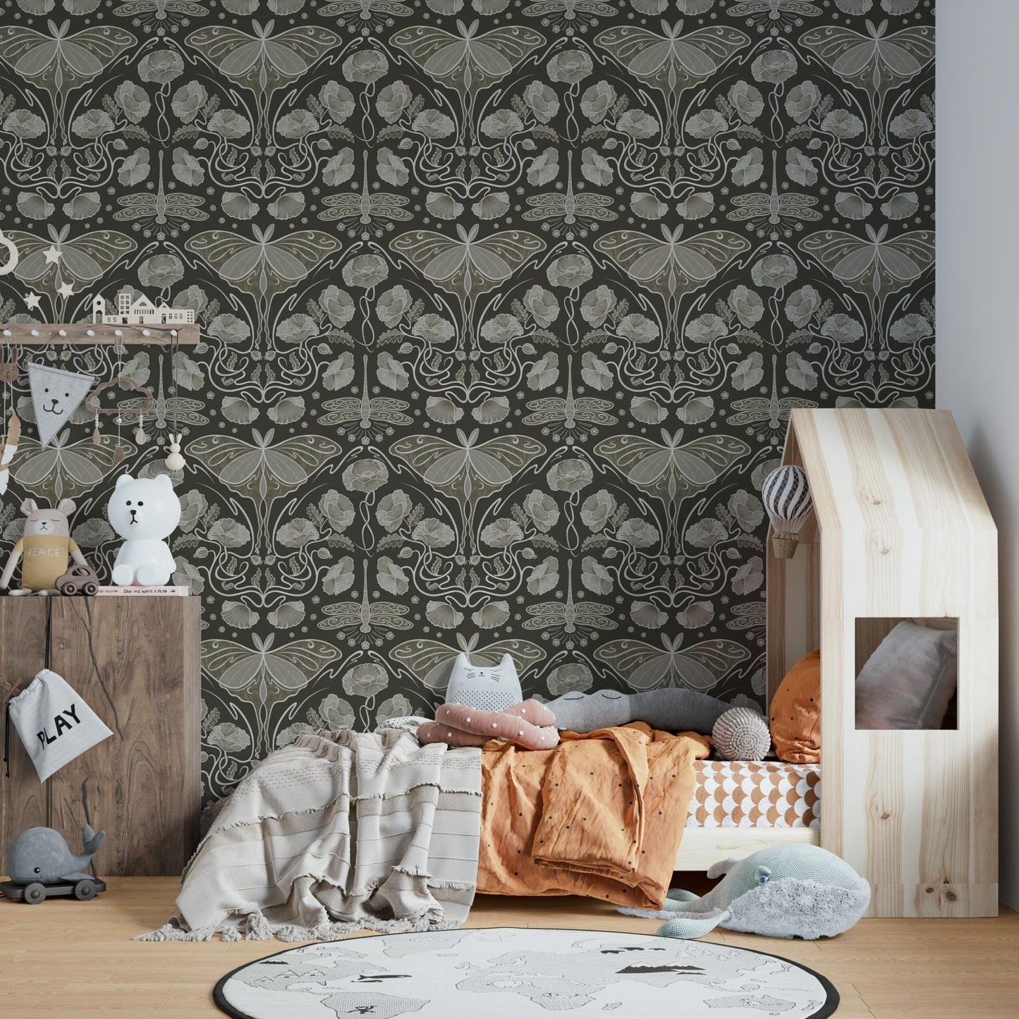 Ornate wallpaper with Luna moth in neutral tones

