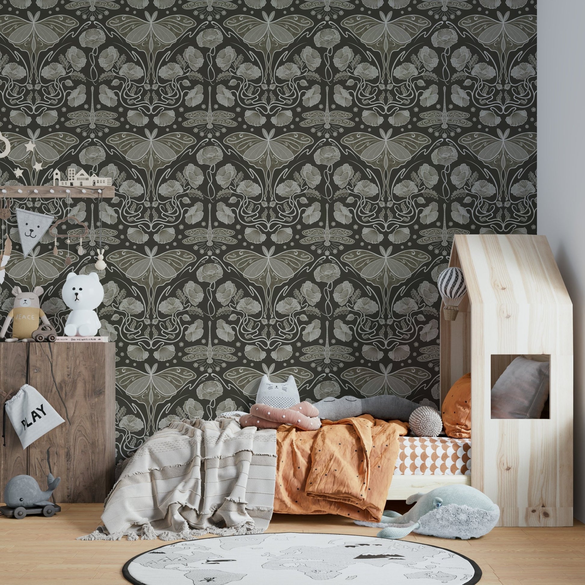 Ornate wallpaper with Luna moth in neutral tones

