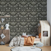 Ornate wallpaper with Luna moth in neutral tones

