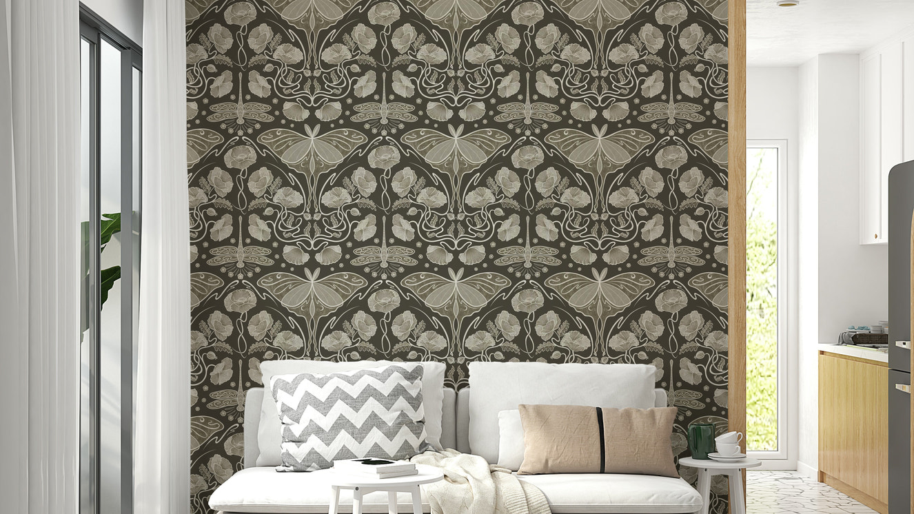 Sepia-toned Art Nouveau wallpaper with poppies

