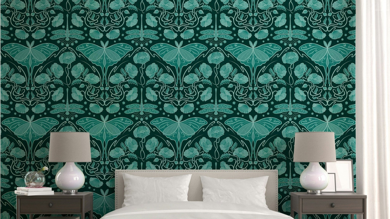 Art Nouveau Teal Wallpaper with poppies & moths

