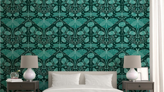 Art Nouveau Teal Wallpaper with poppies & moths, GD952