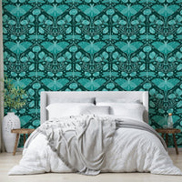 Elegant teal wallpaper with Luna moth & floral art

