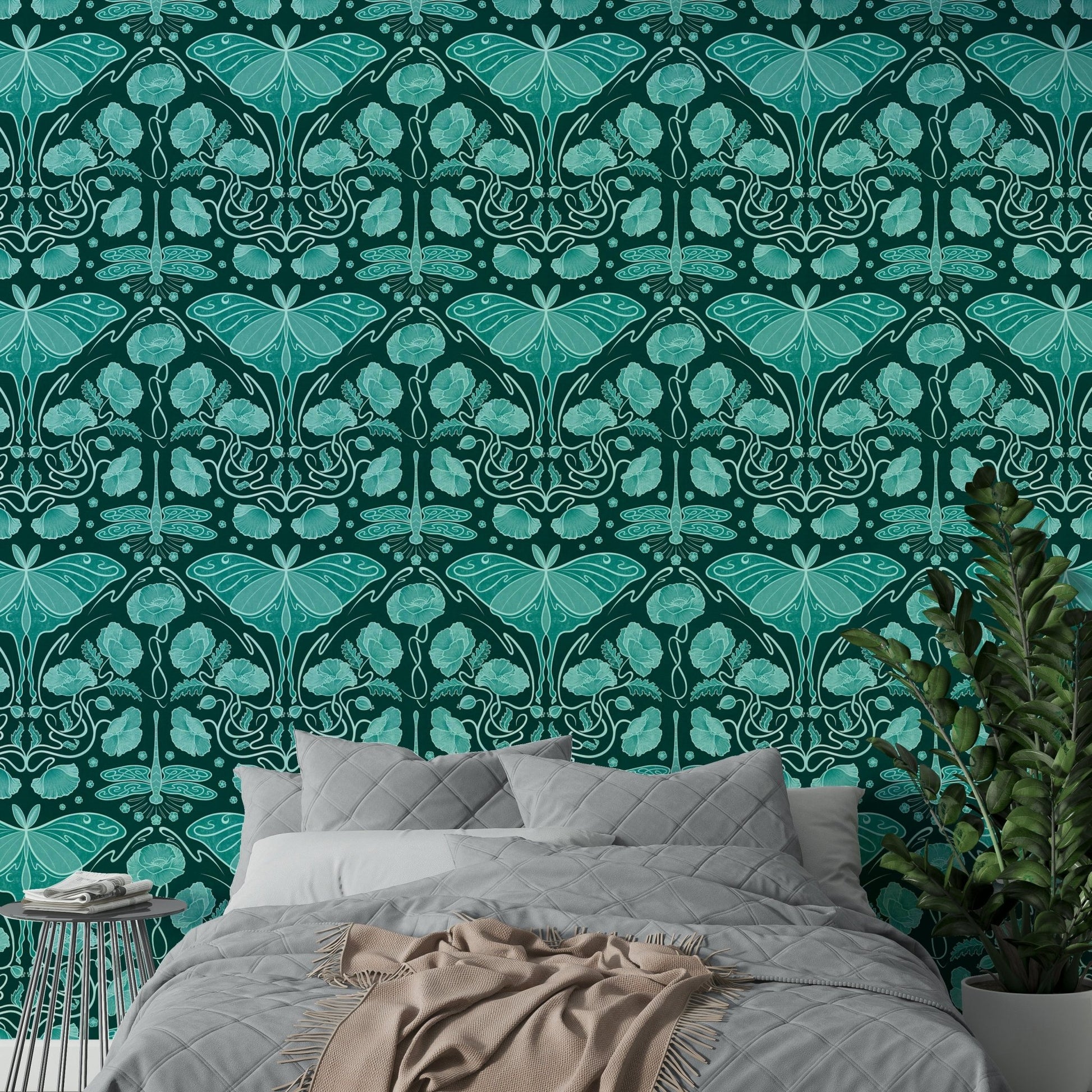 Teal wallpaper featuring Luna moth and red poppies

