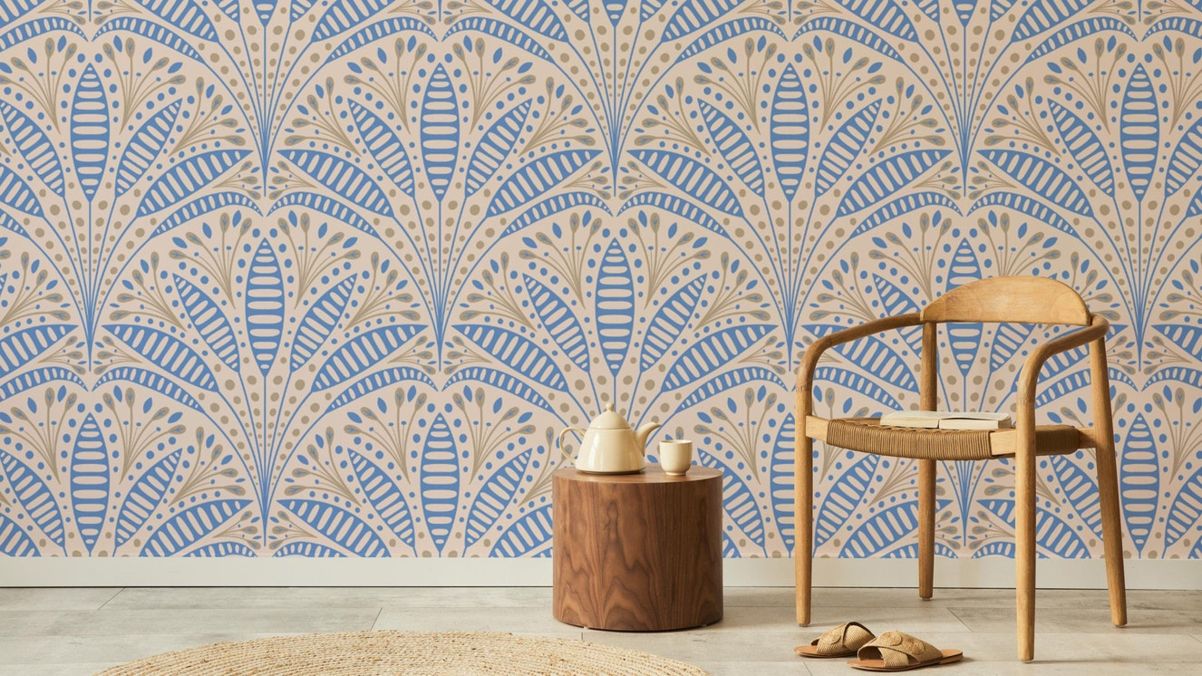 Stylish blue palm wallpaper for modern Art Deco-inspired decor.
