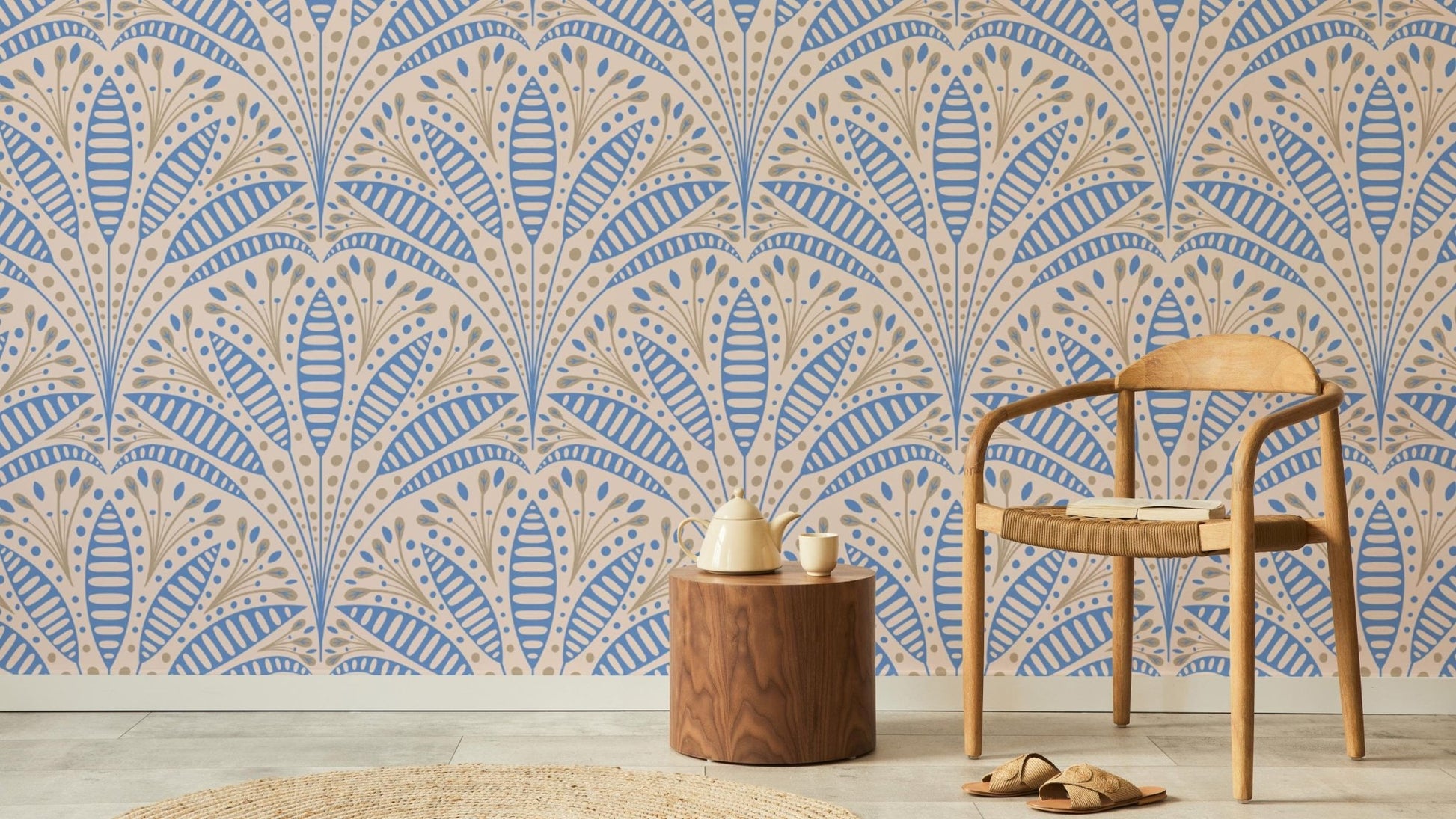 Stylish blue palm wallpaper for modern Art Deco-inspired decor.
