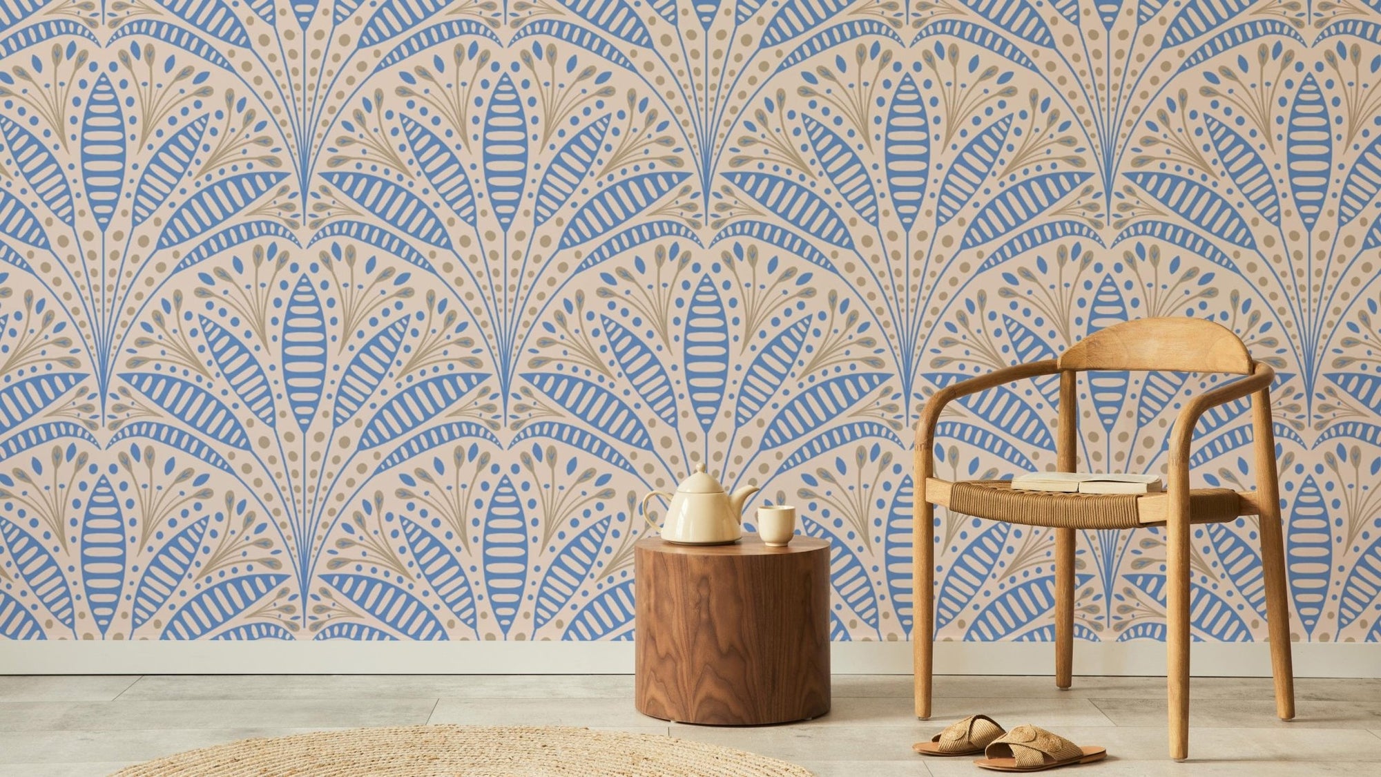 Stylish blue palm wallpaper for modern Art Deco-inspired decor. NI02
