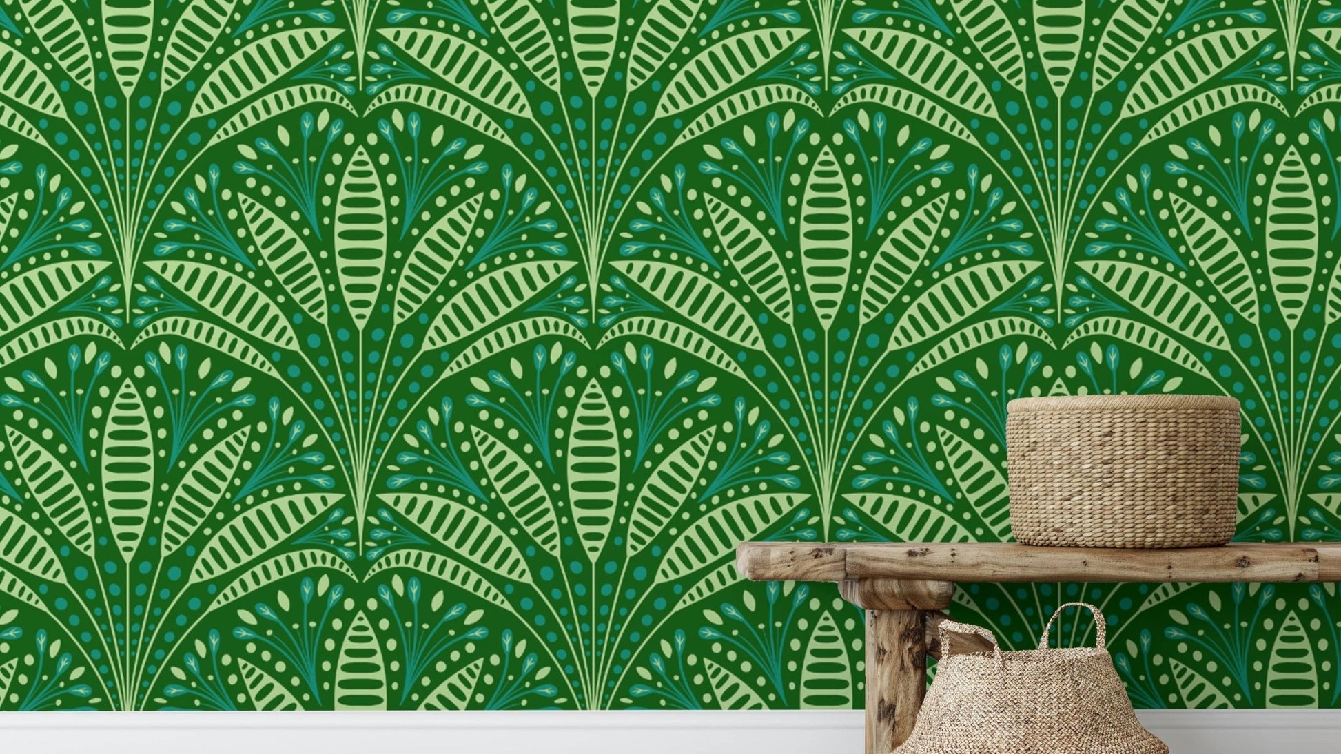 Decorative green palm mural in a chic Art Deco aesthetic.
